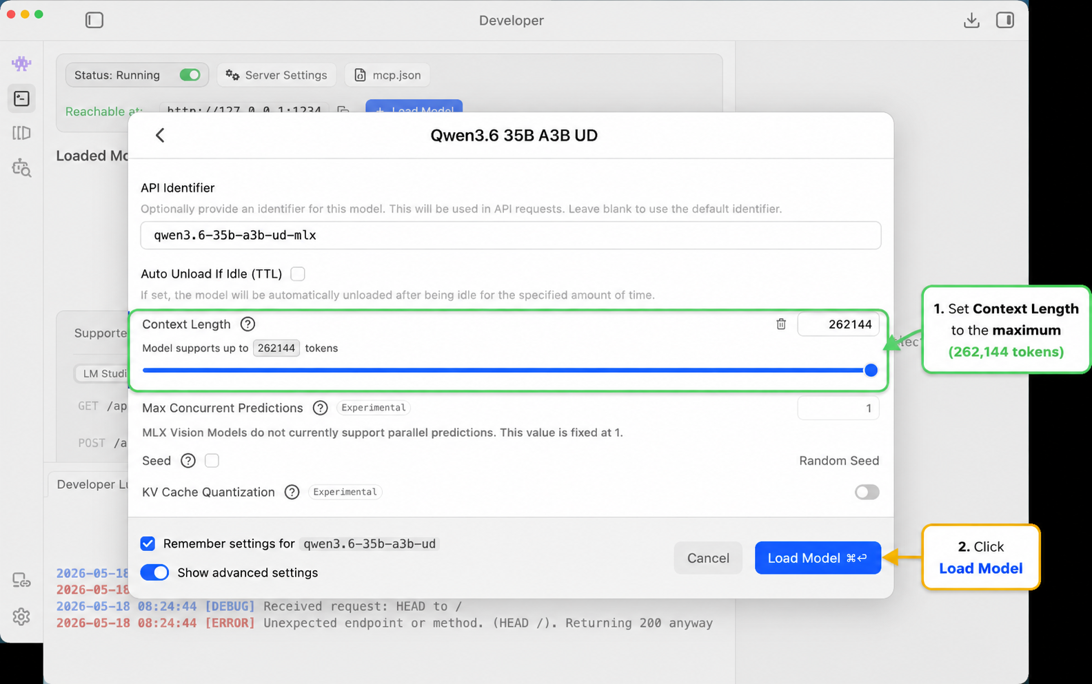 LM Studio model load dialog with context length set to the maximum