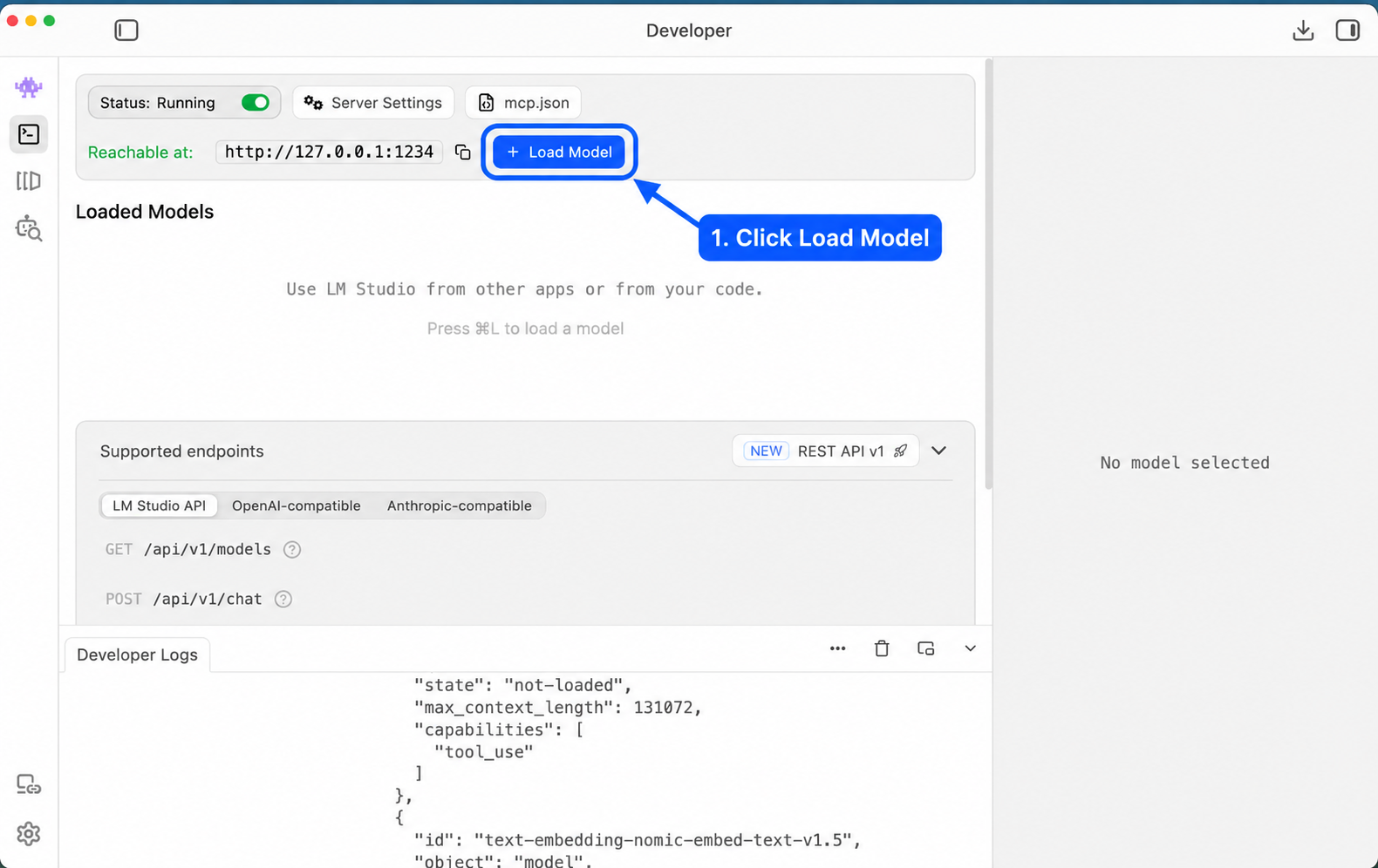 LM Studio developer tab with the local server running and the Load Model button highlighted