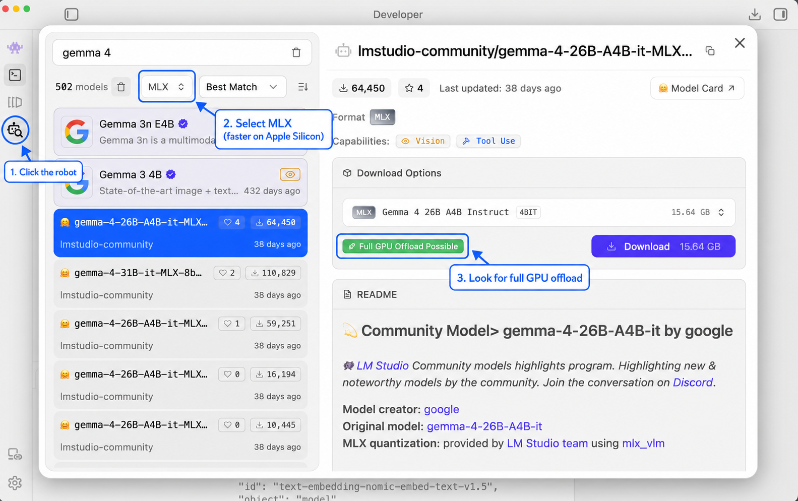 LM Studio model search showing the MLX filter and full GPU offload indicator
