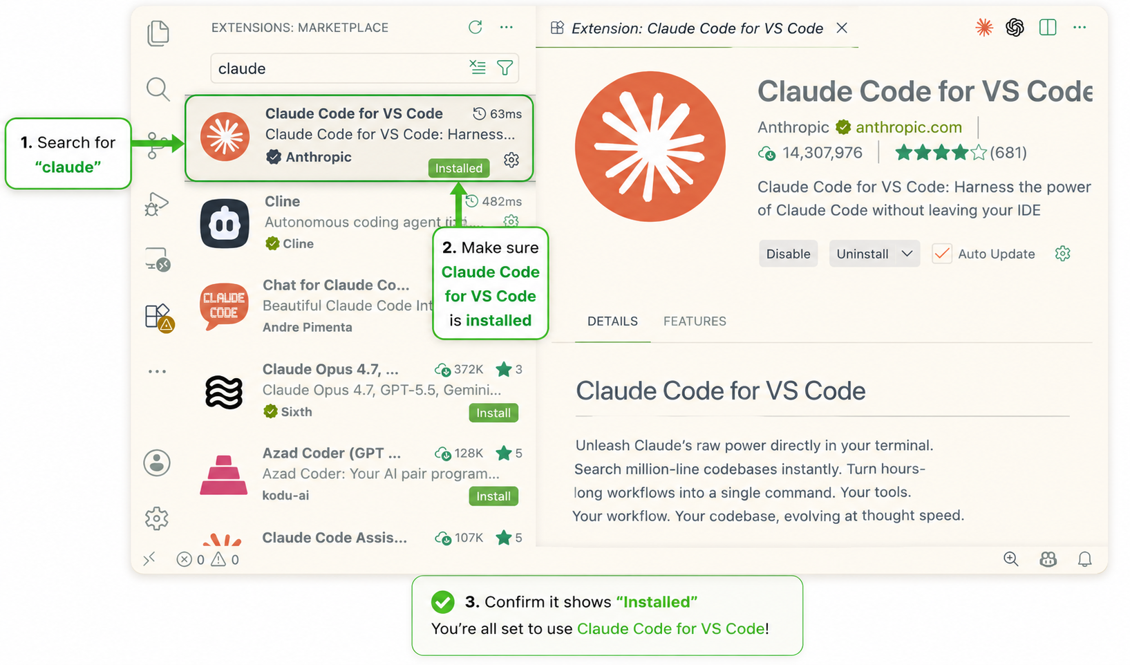 VS Code extension marketplace showing Claude Code for VS Code installed