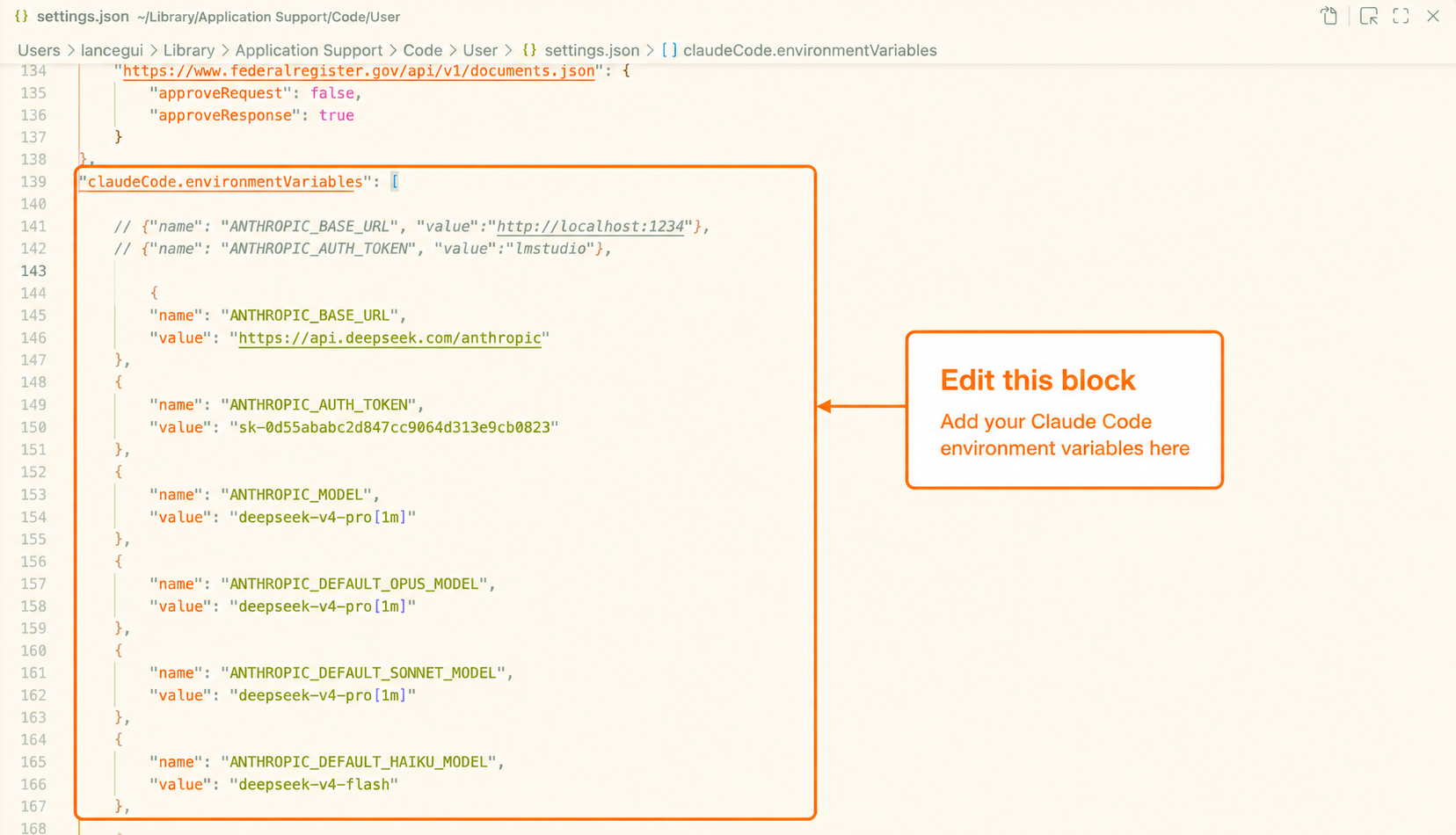 VS Code settings JSON showing Claude Code environment variables
